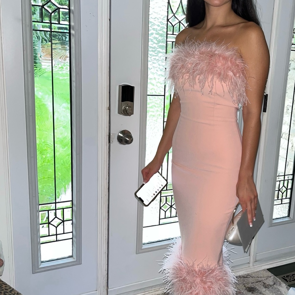 Elegant Pink Strapless Nadine Merabi Dress with Feather Details